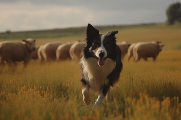 Boder collie dogs running after sheep in a beautiful field, ai generated.