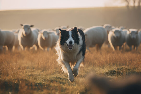 Boder collie dogs running after sheep in a beautiful field, ai generated.