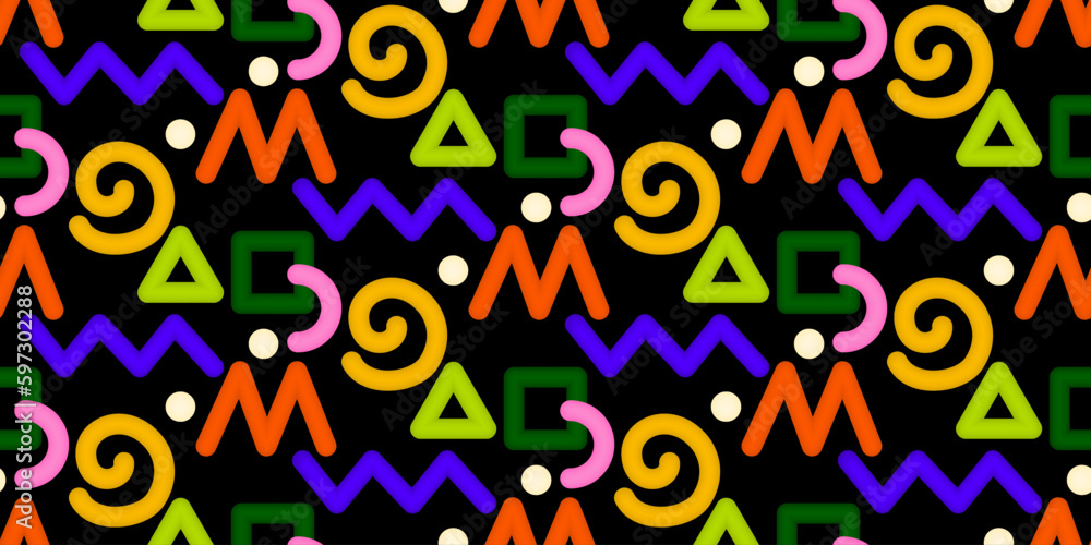 Poster bright seamless pattern with colorful squiggles and scribble on a black background in the style of 8
