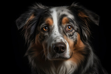 australian shepherd dog looking at the camera, black background, ai generated.