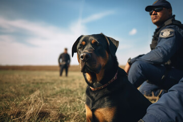 image showing the dog Rottweiler sitting next to a policeman looking at the camera, ai generated.