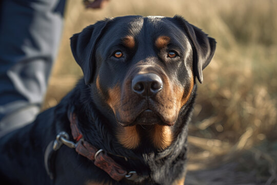 image showing the dog Rottweiler sitting next to a policeman looking at the camera, ai generated.