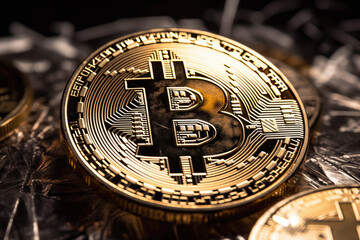 Fototapeta na wymiar Macro shot of a physical Bitcoin on top of gold and silver Bitcoin coins. Generative Ai