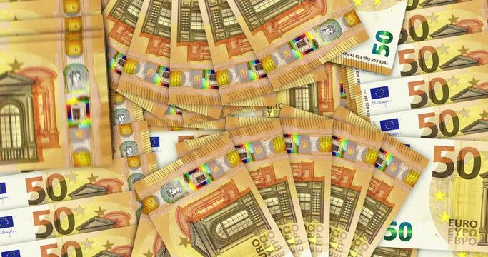 Euro banknotes in a cash fan mosaic pattern loop. European Union 50 EUR notes. Abstract concept of bank, finance, economy seamless and looped decorative design background.