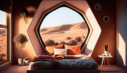 Stylish bedroom with geometric window in Mars. Generative AI