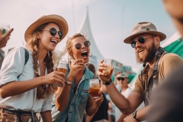 Vibrant social scene at an outdoor festival concert, with a cheerful crowd enjoying the atmosphere and each other's company. People can be seen drinking beer and having a good time Generative AI