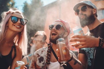 Vibrant social scene at an outdoor festival concert, with a cheerful crowd enjoying the atmosphere and each other's company. People can be seen drinking beer and having a good time Generative AI