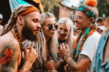 Vibrant social scene at an outdoor festival concert, with a cheerful crowd enjoying the atmosphere and each other's company. People can be seen drinking beer and having a good time Generative AI - obrazy, fototapety, plakaty