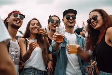 Vibrant social scene at an outdoor festival concert, with a cheerful crowd enjoying the atmosphere and each other's company. People can be seen drinking beer and having a good time Generative AI