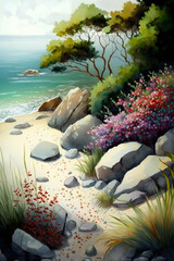 Seaside Serenity: A Watercolor Painting of a Beach Scene with waves and stones.