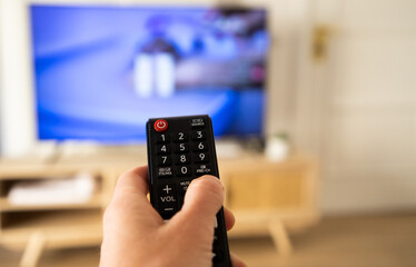 hand with remote control for tv set
