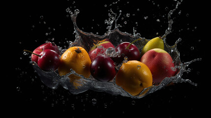 Fototapeta na wymiar Hyper realistic fruit falling in water flow, motion, crystals, generative ai