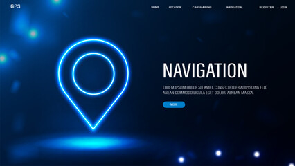 A web banner with a neon GPS location pin on a blue background.