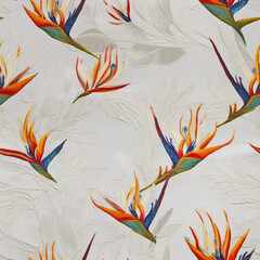 Fototapeta premium MOZANI STUDIO - REPEATING SEAMLESS TEXTURE Fashion Statement The World of Embroidery Tropical Flowers on White Denim