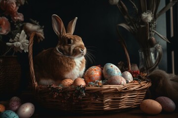 Fototapeta na wymiar Sweet bunny sitting in basket with Easter eggs nearby. Generative AI