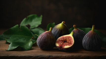 Ripe fig fruits with leaf close-up. Beautiful sweet fresh organic figs on a wooden table. Generative ai