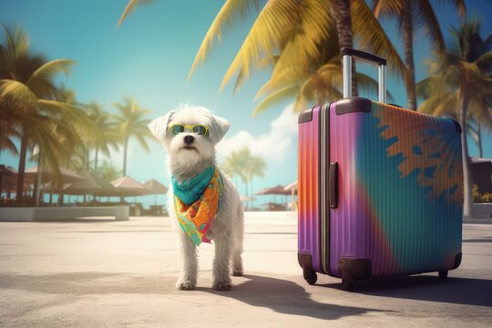 Animals at the resort on their vacation in sunglasses and with a travel case nearby, dog, generative ai