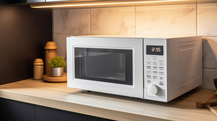 Fototapeta premium White microwave oven on counter in kitchen, generative ai