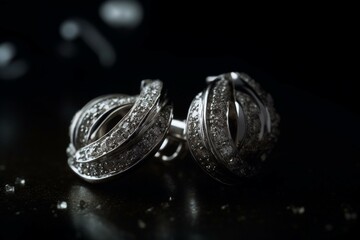 Splendid platinum and diamond earrings with a glossy shine, featuring a sparkly finish on black background. Generative AI