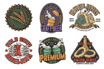Beer set of brew emblems or craft beer logos with beer cap, can, hop, skeleton and bottle. Labels or prints with skull, beer glass and barly for bar, pub or brewery shop