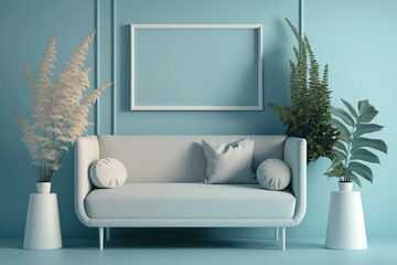 luxury living room with sofa, trendy vase with plant