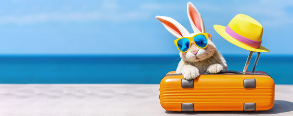 Animals at the resort on their vacation in sunglasses and with a travel case nearby, bunny, generative ai