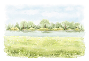 Watercolor vintage summer  composition with green landscape with trees, river and grass with vegetation isolated on white background. Hand drawn illustration sketch