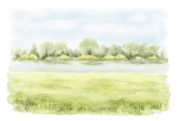 Fotobehang Watercolor vintage summer  composition with green landscape with trees, river and grass with vegetation isolated on white background. Hand drawn illustration sketch © Mimomy