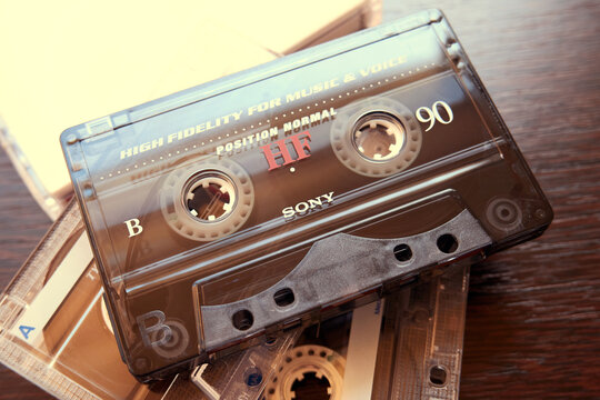 Ryazan, Russia - April 27, 2023: Close-up Sony audio cassette. Analog audio tape recording