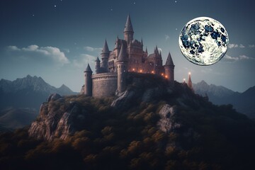 Mystical castle under large moon in dreamlike kingdom. Post-processed image. Generative AI