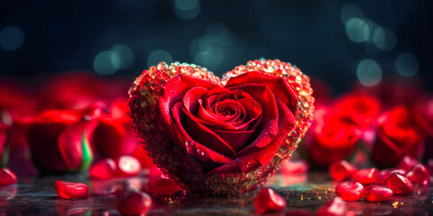 Love shaped red roses on heart background