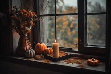 A cozy autumn arrangement on a windowsill with pumpkin and candle accents. Generative AI