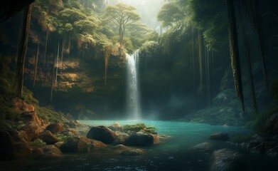Waterfall in tropical jungle. Cascade waterfall in green tree tropical forest. Generative AI