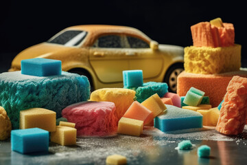 Artfully arranged soapy water bubbles and sponges with a toy car and colored candies on a black background. Generative Ai