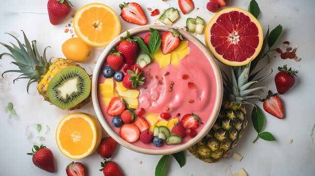 A vibrant smoothie bowl filled with blended strawberries, bananas, and tropical fruits like mango and pineapple