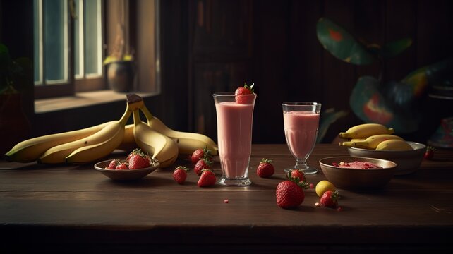 A glass of strawberry banana smoothie placed on a wooden table