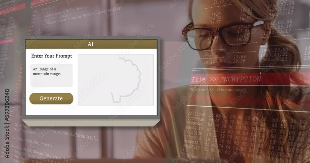 Poster animation of ai text and data processing and caucasian woman using laptop