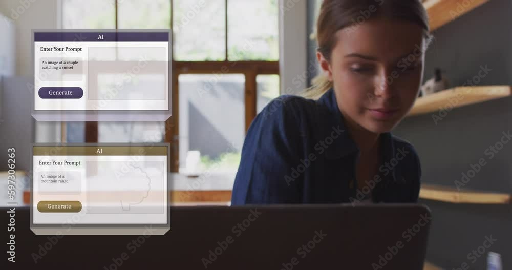 Poster animation of ai text and data processing and caucasian woman using laptop