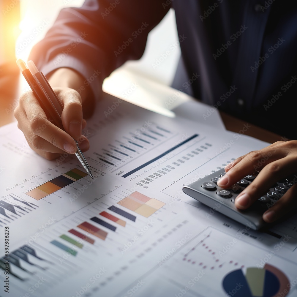 Poster close up of a businessman hand holding a pen on a document with graph. generative ai