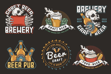 Beer set of brew emblems or craft beer logos with beer cap, can, hop, skeleton and bottle. Labels or prints with skull, beer glass and barly for bar, pub or brewery shop