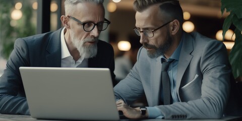 Two old men working on laptop