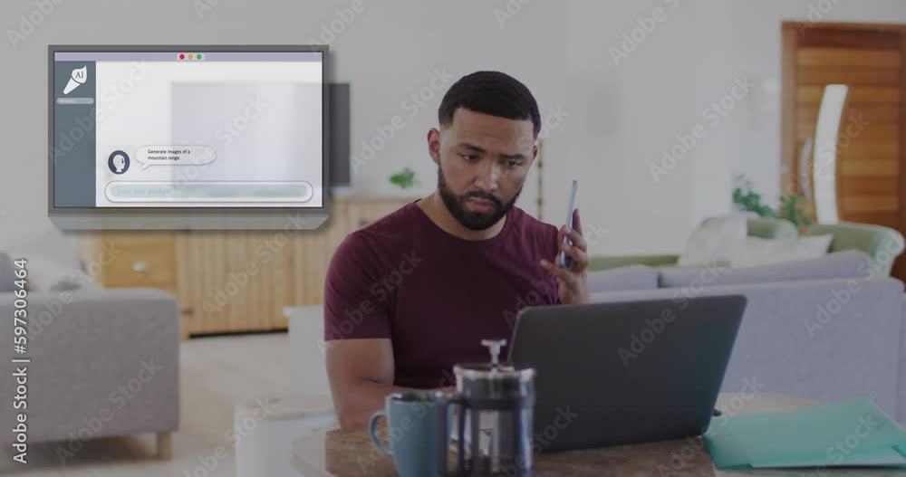 Poster animation of ai text, data processing over biracial man using laptop