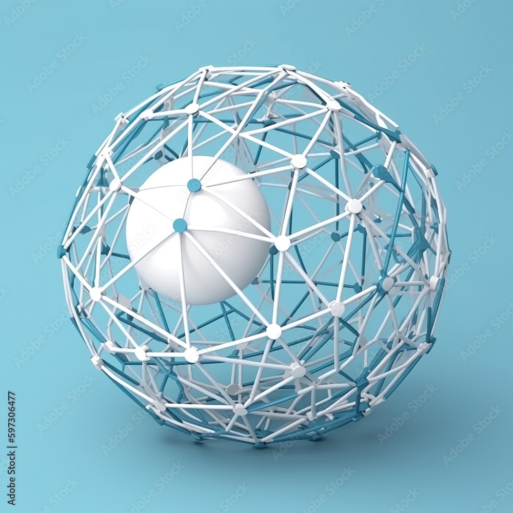 Poster abstract design connection design for a blue and white sphere network structure. generative ai