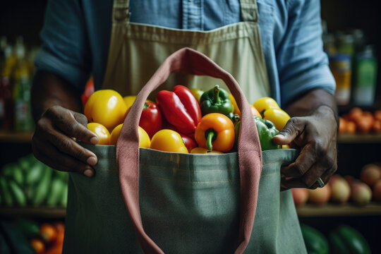 A Woman Holding A Shopping Bag Full Of Fruit And Vegetables In Front Of A Produce Stand At An Outdoor Farmer's Market. She Is Smiling And Looking At The Camera.. Generative Ai