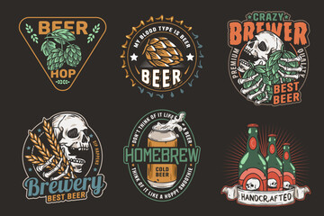 Naklejka premium Beer set of brew emblems or craft beer logos with beer cap, can, hop, skeleton and bottle. Labels or prints with skull, beer glass and barly for bar, pub or brewery shop