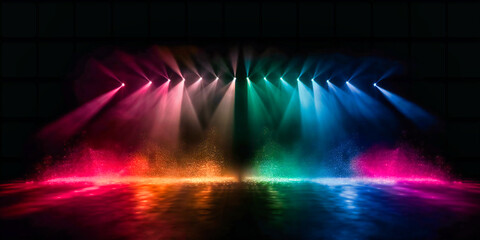a stage with colorful lights on black background
