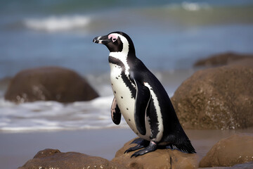 Fototapeta premium African Penguin (Southern Africa) - A small penguin with a distinctive black and white plumage (Generative AI)
