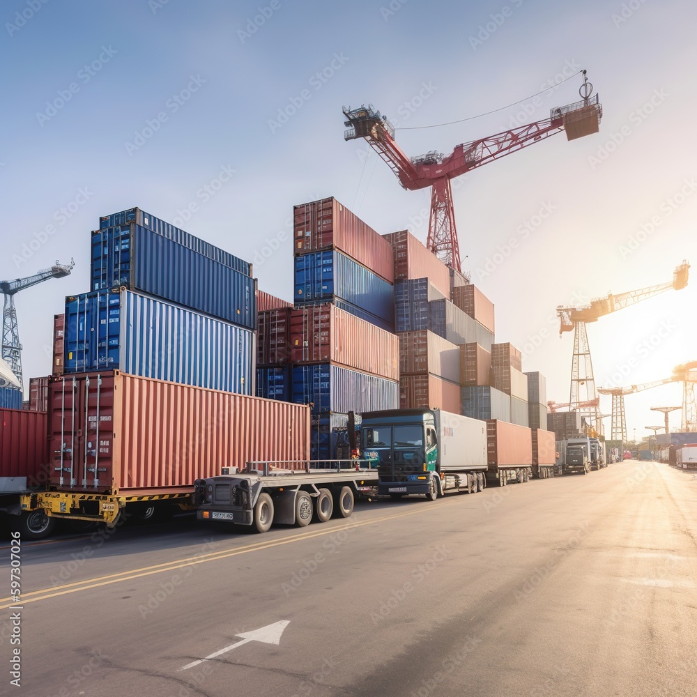 Poster crane loading containers in freight ship. generative ai