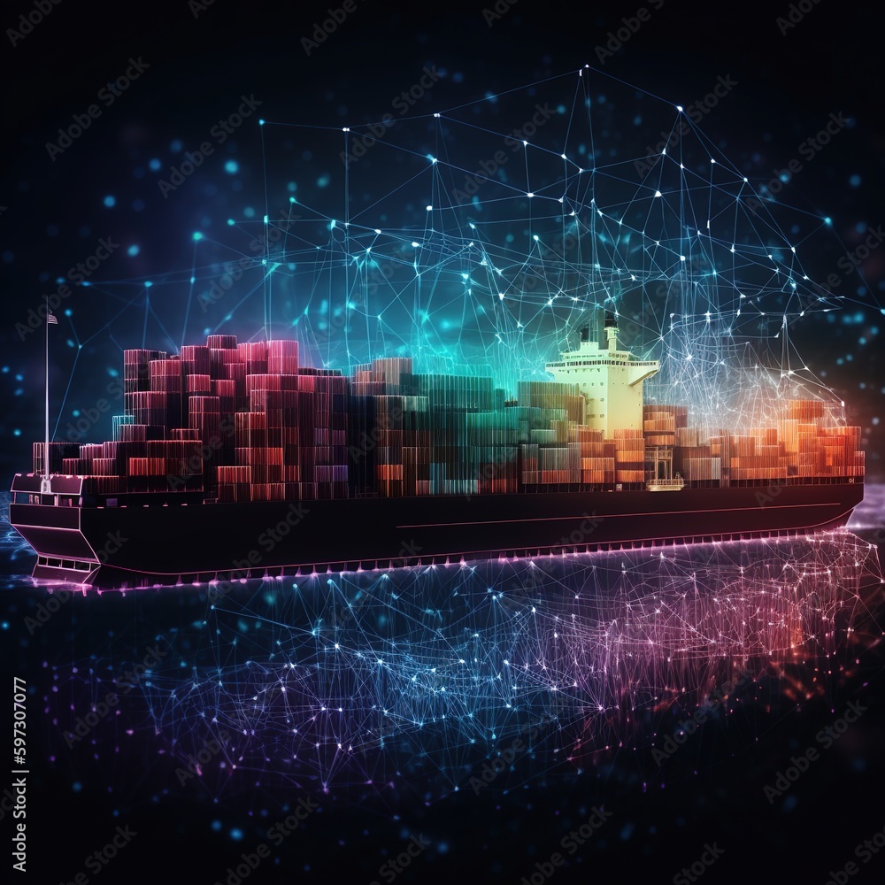 Poster the interconnection of global commerce is represented by container ships lined up at an industrial p