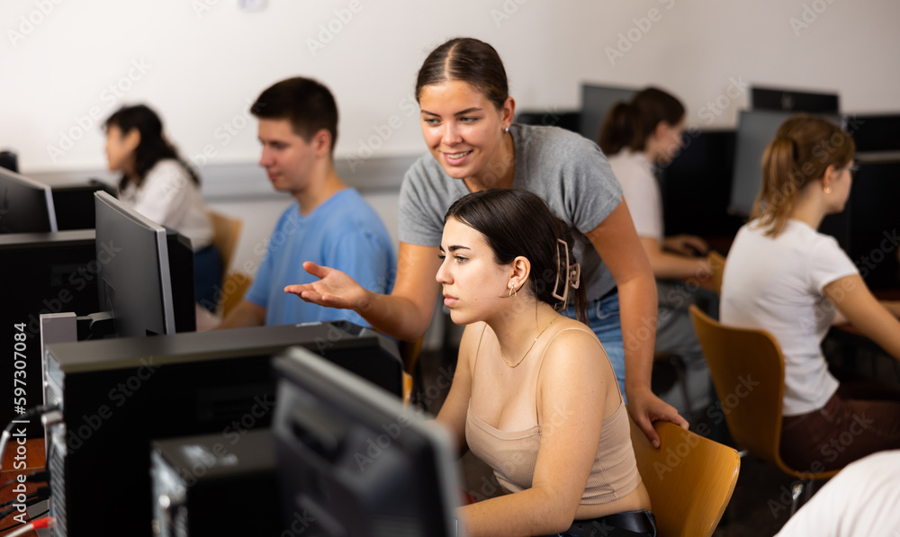Aufkleber positive female student explaining the topic to friend while she is studying computer science on the